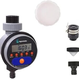 Agromato Digital Ball Valve Water Timer Automatic Drip Irrigation Controller for Home & Garden, LCD Display, Universal Tap Adapter, Low Battery Indicator, No Water Pressure Required