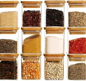 Olozy 12 Pcs Square Glass Spice Jars with Natural Bamboo Lids - 270 ml Airtight Herb Containers with 148 Waterproof Minimalist Spice Labels Preprinted