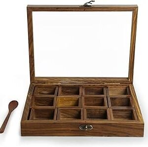 SuperGeneriX Sheesham Wooden Spicebox with 12 Containers with Spoon & Glass Lid, Compact & Sustainable Masala Box with Spoon for Kitchen, Rustic Sheesham Wood Spice Storage for Herbs & Spices