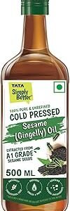 Tata Simply Better Pure and Unrefined Cold Pressed Sesame (Gingelly) Oil, Kolhu/Kacchi Ghani/Mara Chekku/Ganuga, Naturally Cholesterol Free, 500ml, Sesame Oil with Rich Aroma & Flavour of Real Sesame Seeds, For Daily Cooking with Multipurpose Usage, A1 Grade Sesame Seeds, Purity in Every Drop