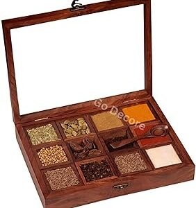 Go Decore Handmade Sheesham Wood Spice Box | 12 Container Wooden Masala Dabba | Natural Finish Storage Organizer with Lid Kitchen Spice Holder